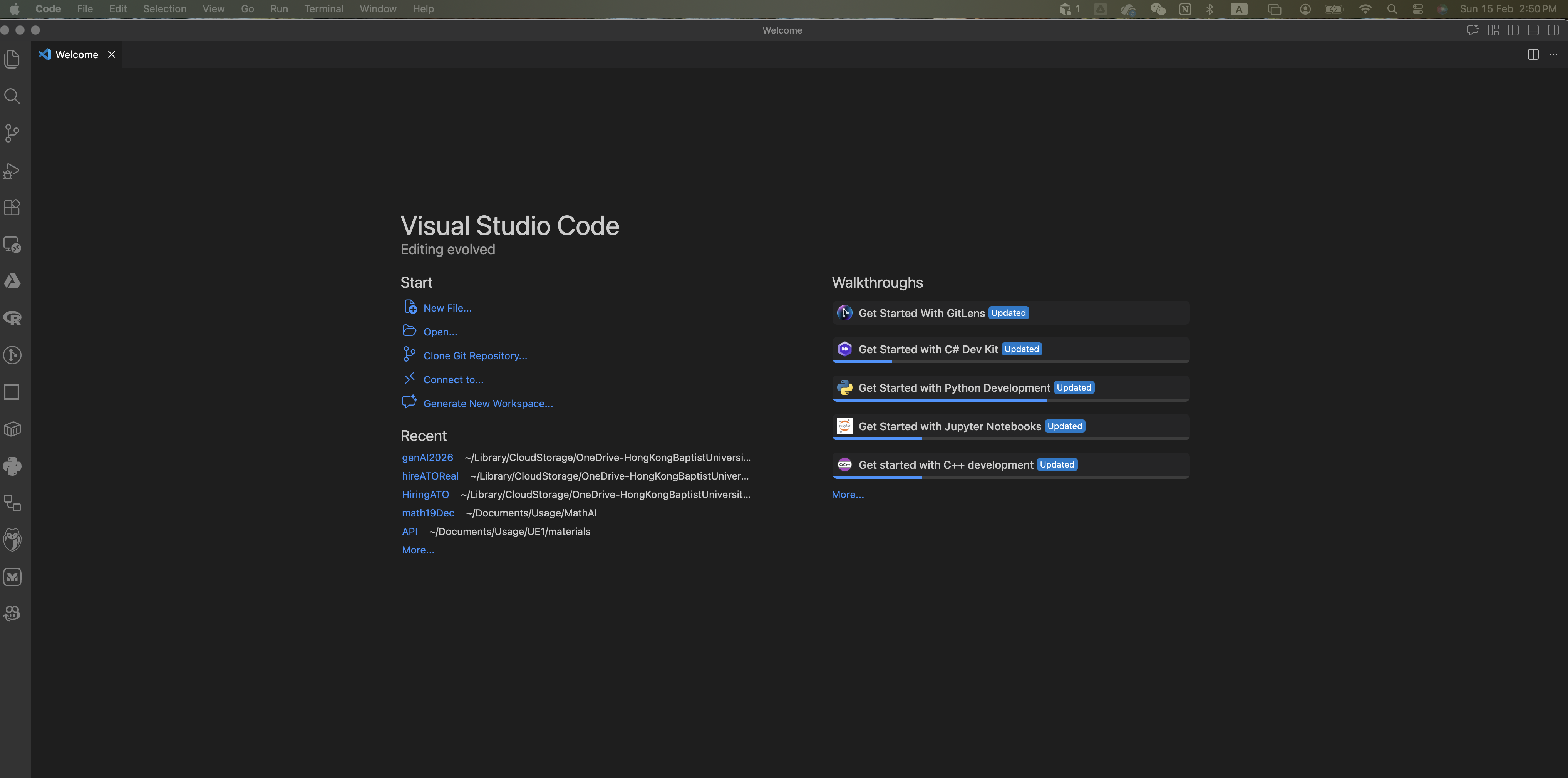 VS Code initial page